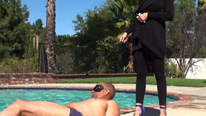Chunky male slave gets to take a dip in the pool